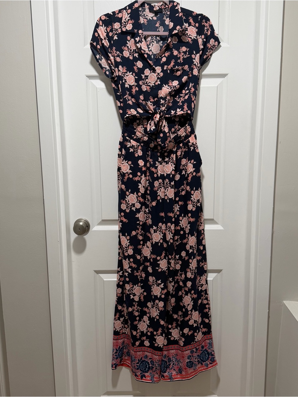 BeBop Navy and Blush Floral Tie-Front Jumpsuit